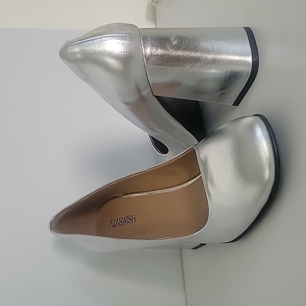 Silver womans high heel chunky heel square toe pumps party dress - Picture 3 of 8